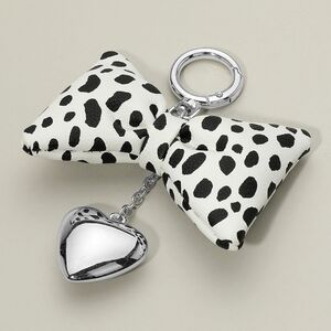 Silver Heart White Leopard Print Leather Bow Keychain Bag Charm Purse Accessory
